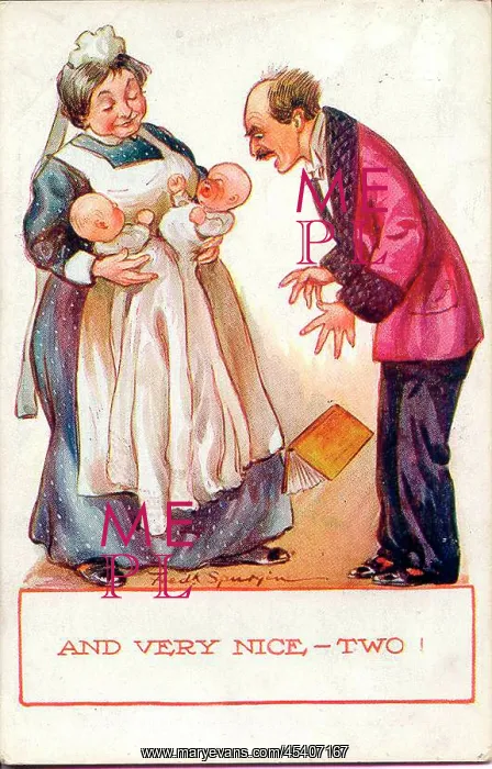 : Comic postcard, Man and nurse with twins : Comic postcard, Man and nurse with twins