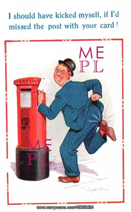: Comic postcard, man posting a birthday card : Comic postcard, man posting a birthday card