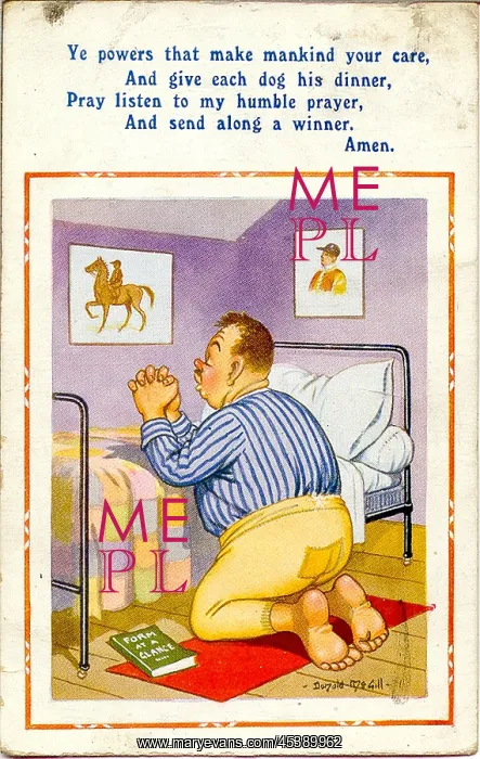 : Comic postcard, Man praying for a winning horse : Comic postcard, Man praying for a winning horse