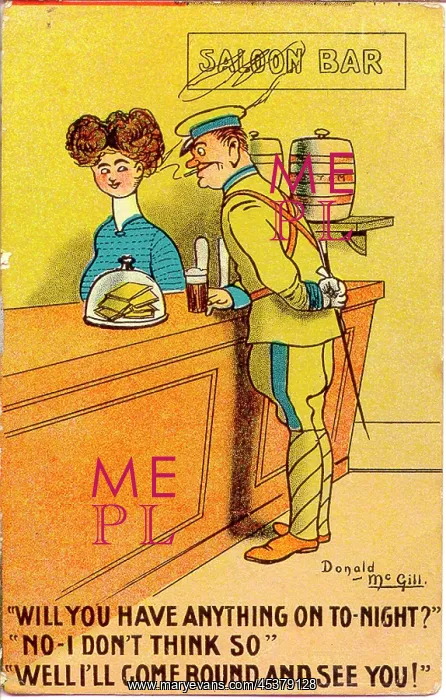 : Comic postcard, Man propositions barmaid : Comic postcard, Man propositions barmaid