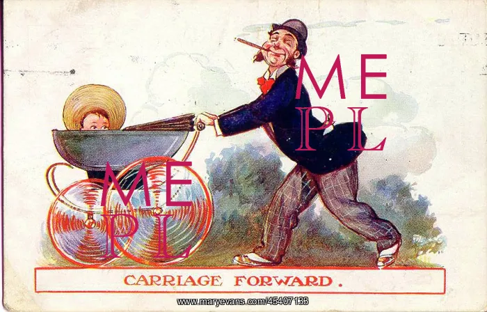 : Comic postcard, Man pushing baby in a pram : Comic postcard, Man pushing baby in a pram