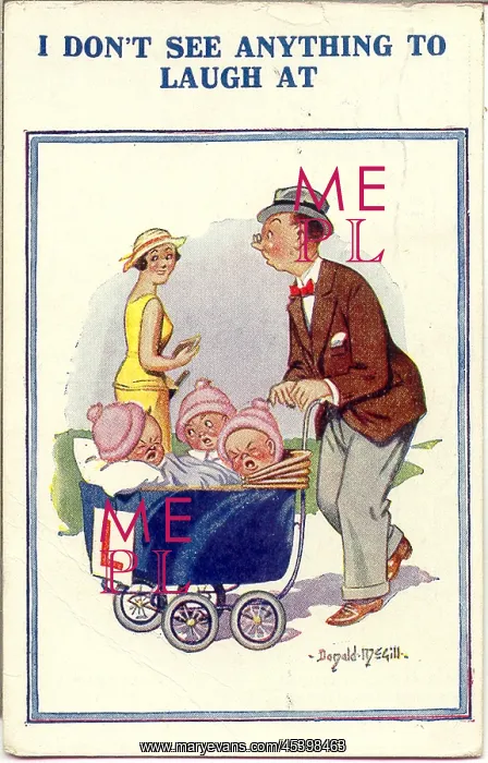  : Comic postcard, Man pushing pram with triplets