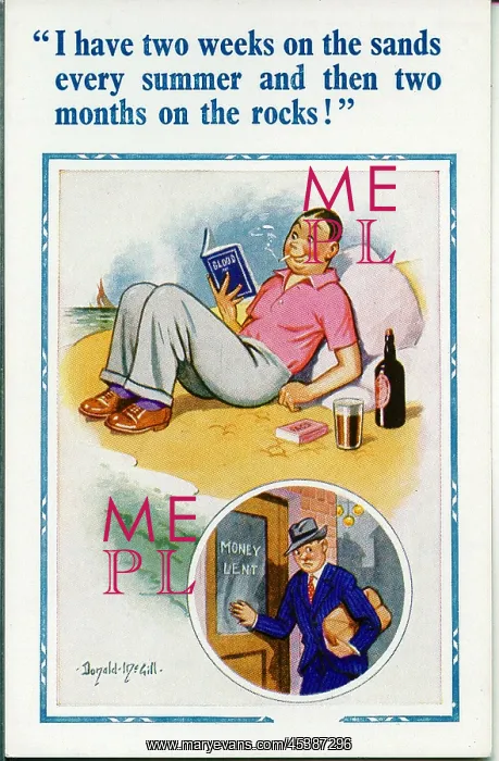 : Comic postcard, Man relaxing on the beach : Comic postcard, Man relaxing on the beach