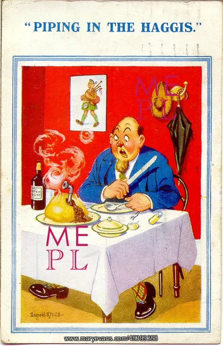 : Comic postcard, Man in a restaurant with haggis : Comic postcard, Man in a restaurant with haggis