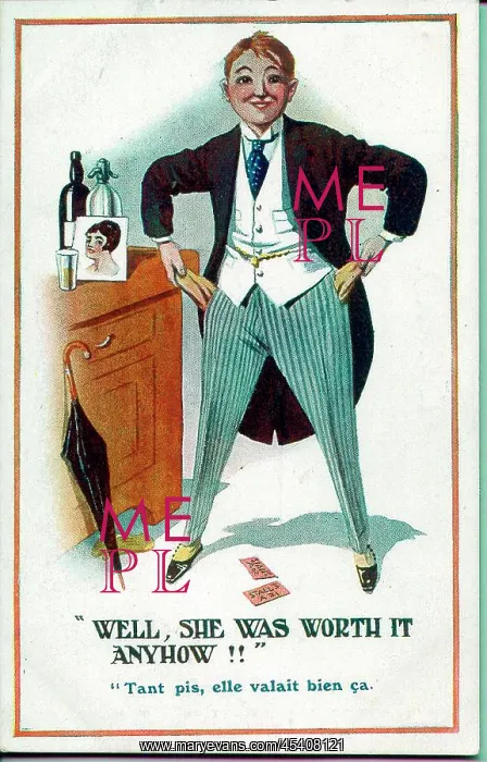 : Comic postcard, Man returns home after a date : Comic postcard, Man returns home after a date