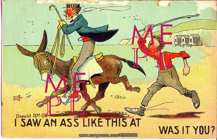 : Comic postcard, Man riding donkey on the beach : Comic postcard, Man riding donkey on the beach