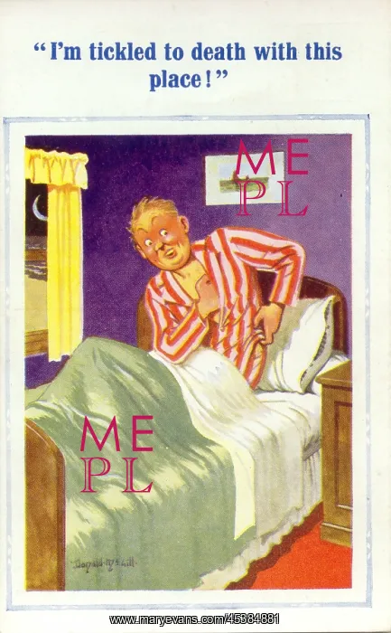 : Comic postcard, Man scratching himself in bed : Comic postcard, Man scratching himself in bed