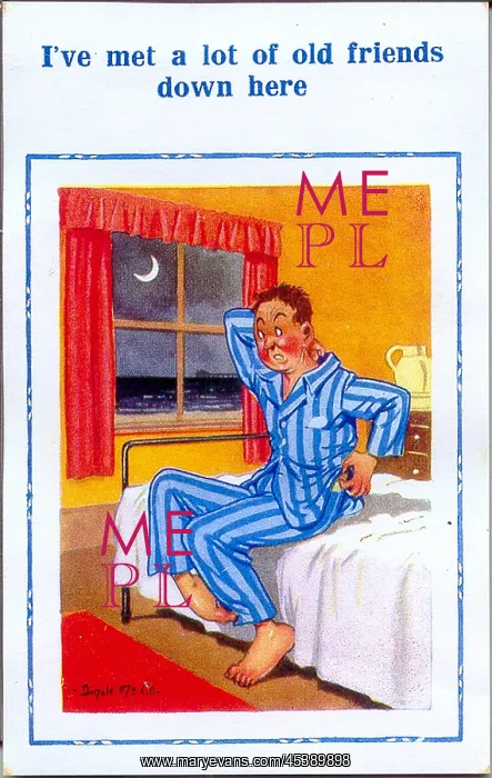: Comic postcard, Man scratching himself on his bed : Comic postcard, Man scratching himself on his bed