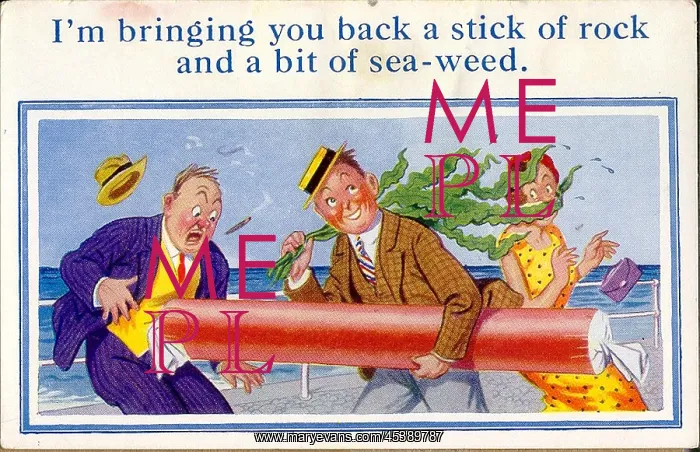 : Comic postcard, Man at seaside with stick of rock : Comic postcard, Man at seaside with stick of rock