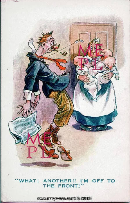  : Comic postcard, Man sees nurse with triplets, WW1