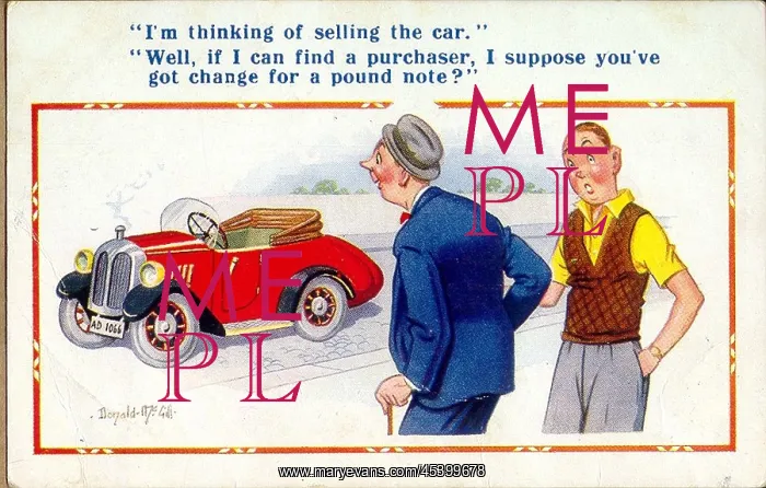 : Comic postcard, Man selling his car : Comic postcard, Man selling his car