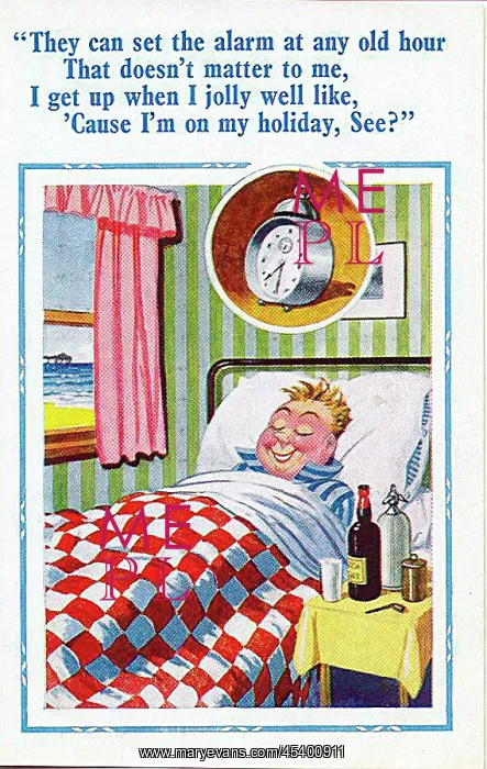 : Comic postcard, Man sleeping late on holiday : Comic postcard, Man sleeping late on holiday