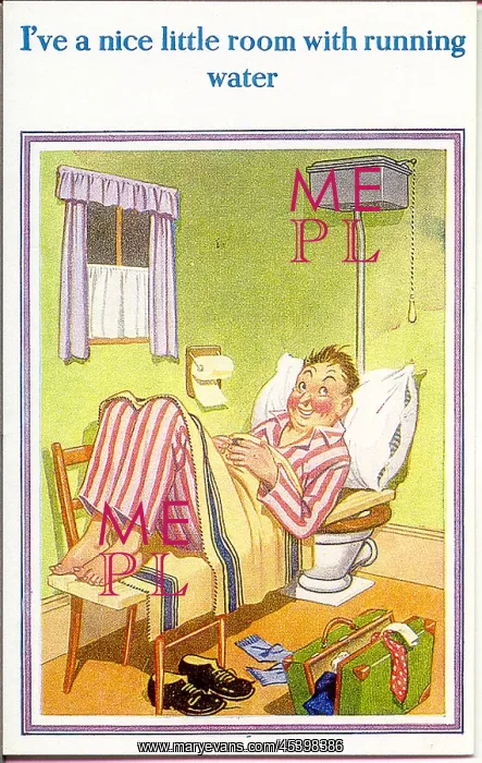 : Comic postcard, Man sleeping in toilet at seaside hotel : Comic postcard, Man sleeping in toilet at seaside hotel