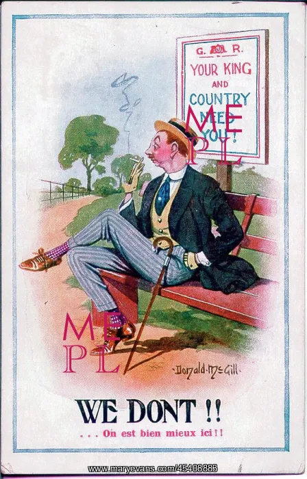 : Comic postcard, man smoking on a bench, WW1 : Comic postcard, man smoking on a bench, WW1