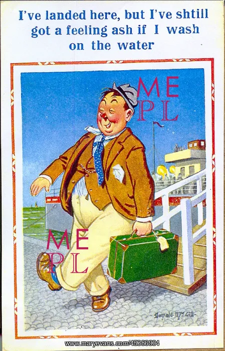 : Comic postcard, Man stepping off a boat at the seaside : Comic postcard, Man stepping off a boat at the seaside