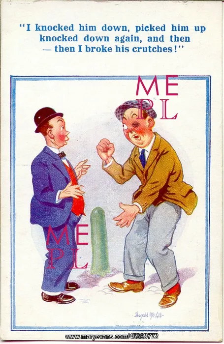 : Comic postcard, Man telling the story of a fight : Comic postcard, Man telling the story of a fight