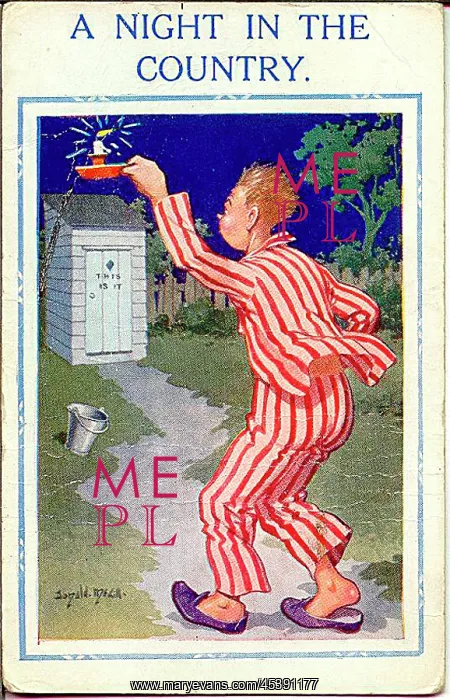 : Comic postcard, Man visiting outdoor toilet : Comic postcard, Man visiting outdoor toilet