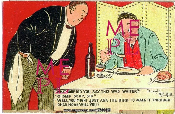 : Comic postcard, Man and waiter in restaurant : Comic postcard, Man and waiter in restaurant