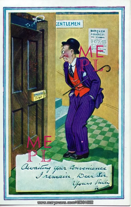 : Comic postcard, Man waiting for the public toilet : Comic postcard, Man waiting for the public toilet