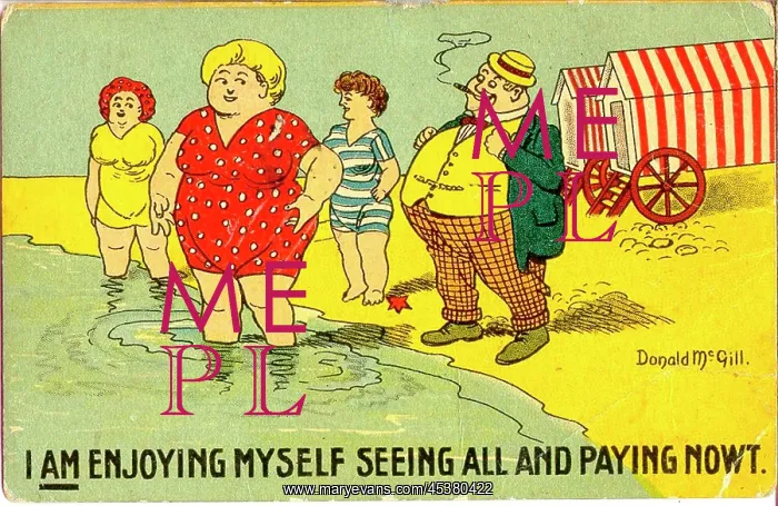 : Comic postcard, Man watching women at the seaside : Comic postcard, Man watching women at the seaside