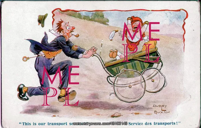 : Comic postcard, Man wheeling baby in pram, WW1 : Comic postcard, Man wheeling baby in pram, WW1
