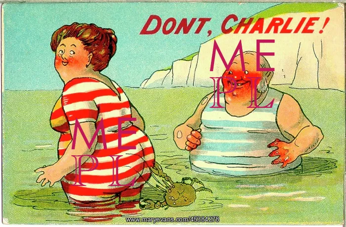 : Comic postcard, Man and woman bathing in the sea : Comic postcard, Man and woman bathing in the sea