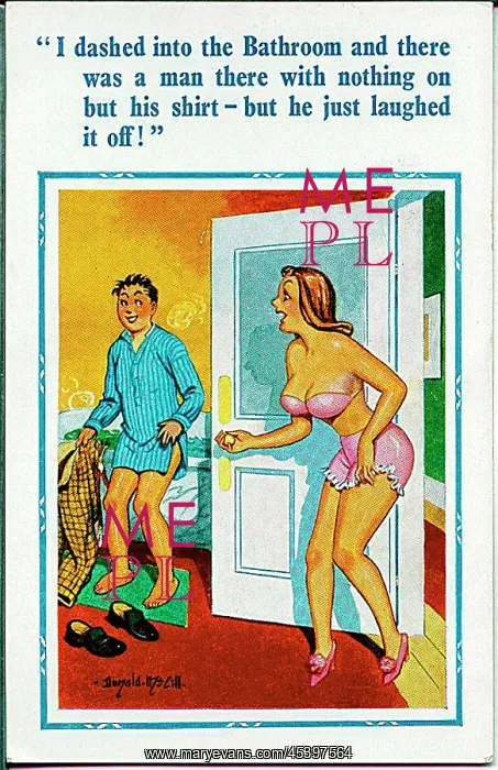 : Comic postcard, Man and woman in bathroom : Comic postcard, Man and woman in bathroom