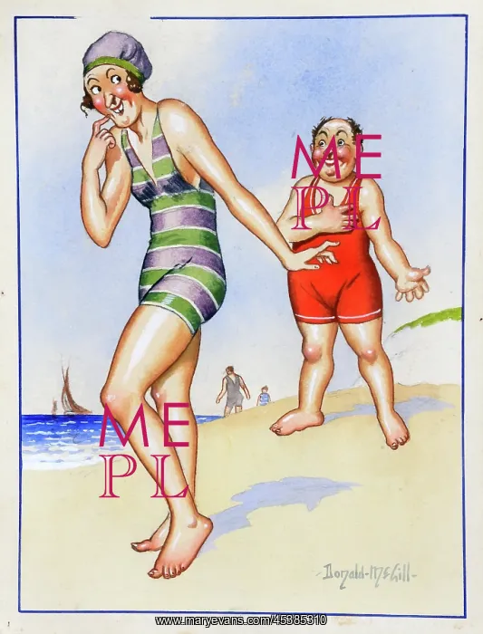 : Comic postcard, Man and woman on the beach : Comic postcard, Man and woman on the beach