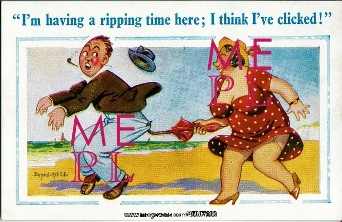 : Comic postcard, Man and woman on the beach : Comic postcard, Man and woman on the beach