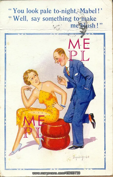: Comic postcard, Man and woman chatting : Comic postcard, Man and woman chatting