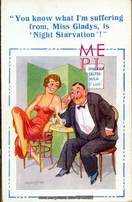 : Comic postcard, Man and woman chatting : Comic postcard, Man and woman chatting