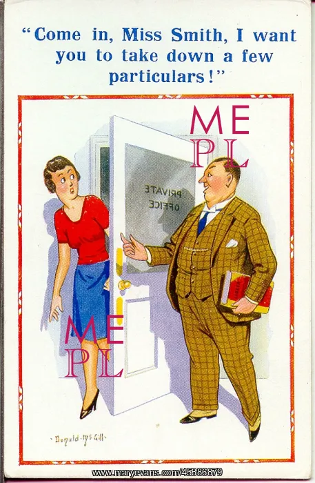 : Comic postcard, Man and woman in office : Comic postcard, Man and woman in office