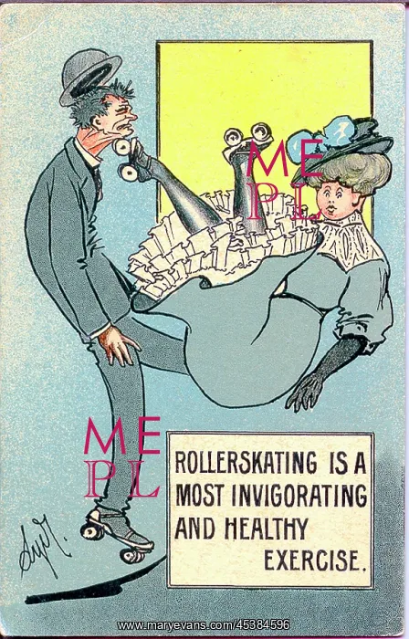 : Comic postcard, Man and woman rollerskating : Comic postcard, Man and woman rollerskating