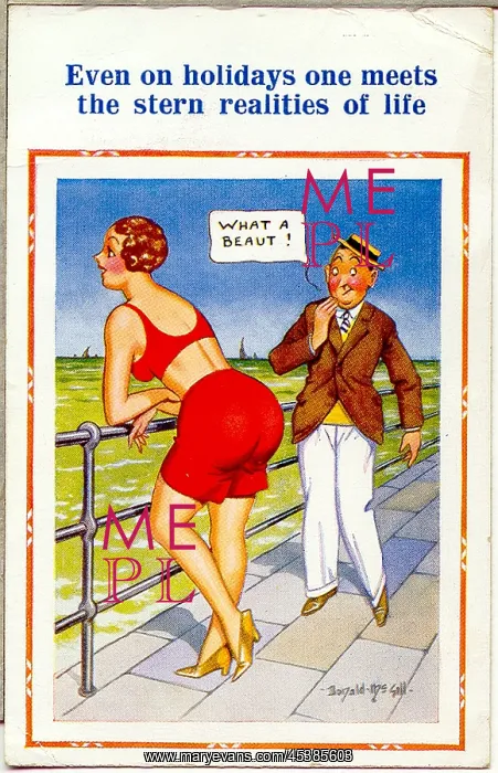 : Comic postcard, Man and woman at the seaside : Comic postcard, Man and woman at the seaside