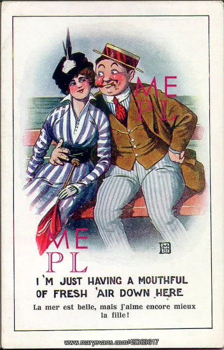 : Comic postcard, Man and woman at the seaside : Comic postcard, Man and woman at the seaside
