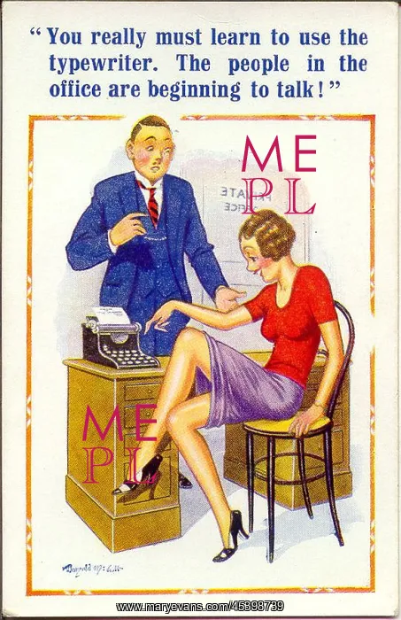 : Comic postcard, Man and woman with typewriter : Comic postcard, Man and woman with typewriter
