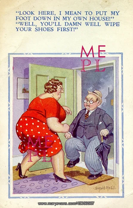 : Comic postcard, Married couple in conflict : Comic postcard, Married couple in conflict