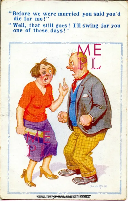 : Comic postcard, Married couple fighting : Comic postcard, Married couple fighting