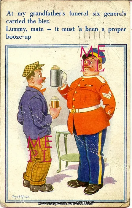 : Comic postcard, Two men chatting at a funeral : Comic postcard, Two men chatting at a funeral