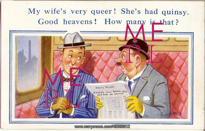 : Comic postcard, Men chatting in train compartment : Comic postcard, Men chatting in train compartment