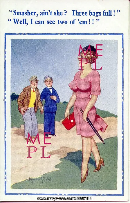 : Comic postcard, Two men discuss passing woman : Comic postcard, Two men discuss passing woman