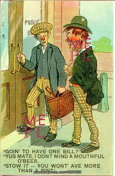 : Comic postcard, Two men entering a public house : Comic postcard, Two men entering a public house