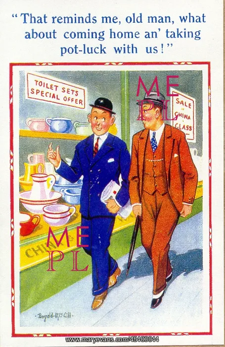 : Comic postcard, Men walk past shop window : Comic postcard, Men walk past shop window