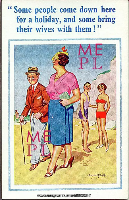 : Comic postcard, Middle aged couple on the beach : Comic postcard, Middle aged couple on the beach