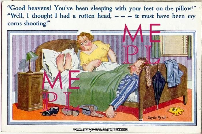: Comic postcard, Middle aged couple in bed : Comic postcard, Middle aged couple in bed