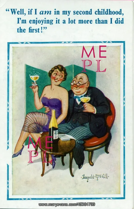 : Comic postcard, Middle aged couple with champagne : Comic postcard, Middle aged couple with champagne