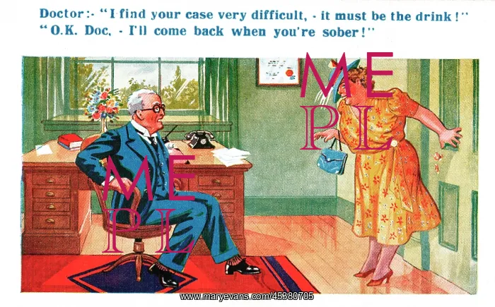 : Comic postcard, Middle-aged woman and doctor : Comic postcard, Middle-aged woman and doctor