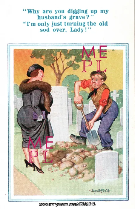 : Comic postcard, Middle-aged woman and gravedigger : Comic postcard, Middle-aged woman and gravedigger