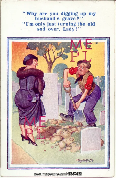 : Comic postcard, Middle-aged woman and gravedigger : Comic postcard, Middle-aged woman and gravedigger