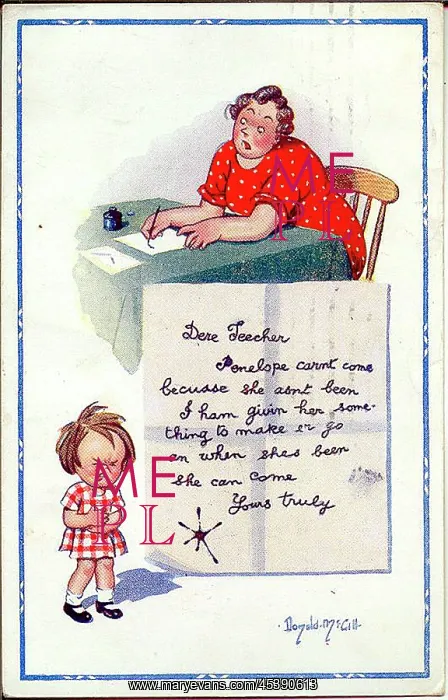 : Comic postcard, Mother and daughter, absent from school : Comic postcard, Mother and daughter, absent from school
